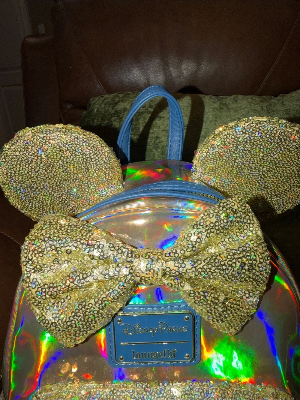 Disney Parks Gold Holographic & Sequin Minnie Mouse Loungefly Backpack with Bow